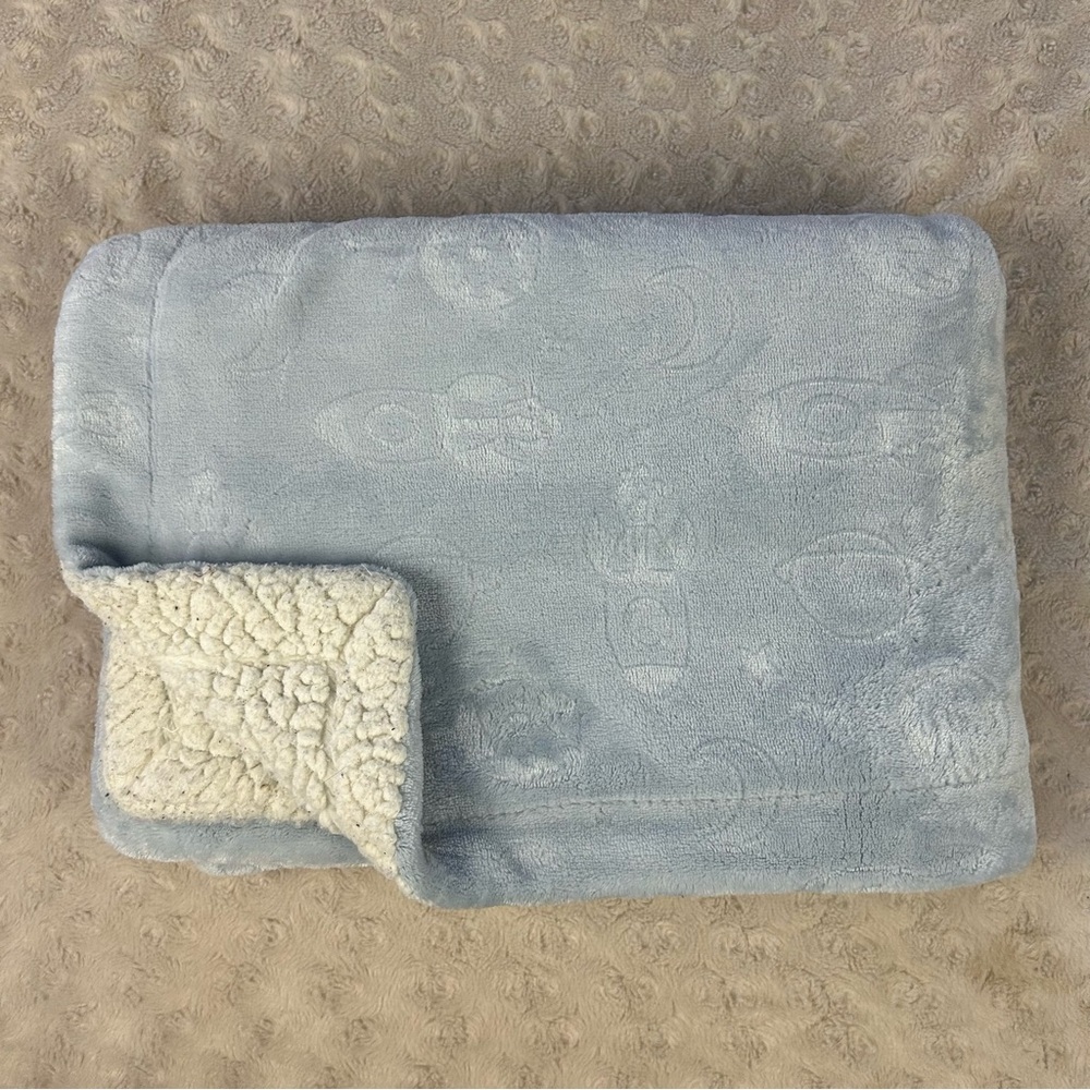 Lullaby Baby Space Blanket Blue White Rocketship Planets Moon Stars Sherpa Lovey